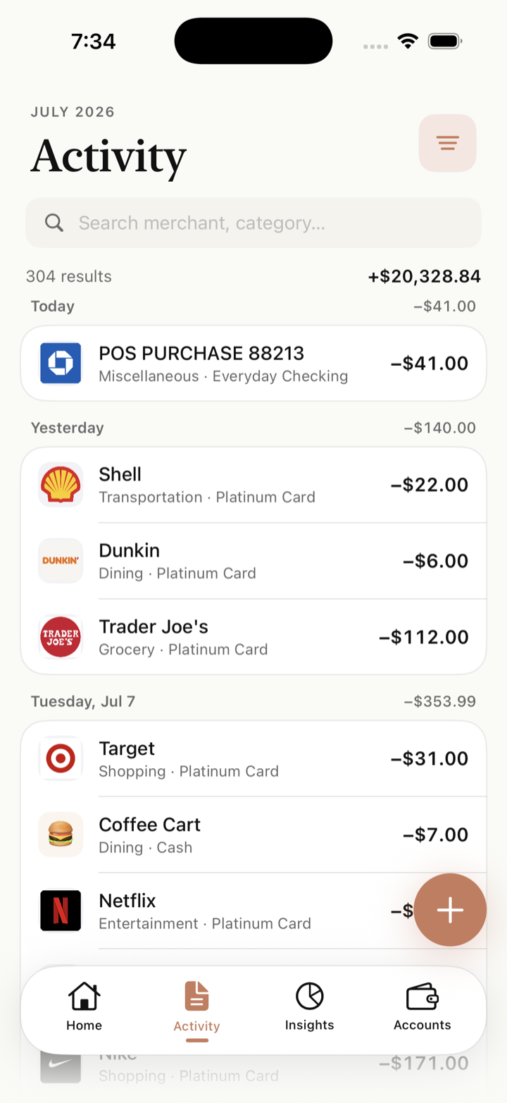 Activity: transaction list with merchant logos