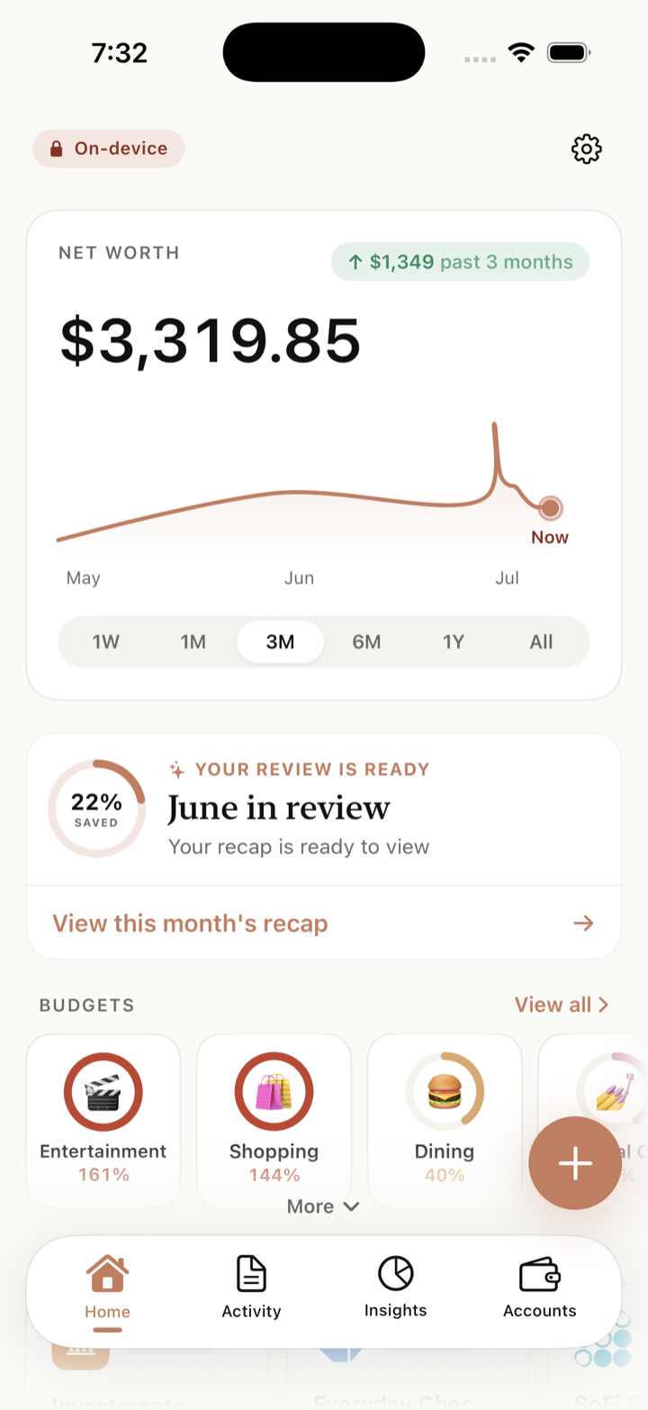 Home: net worth chart and budgets