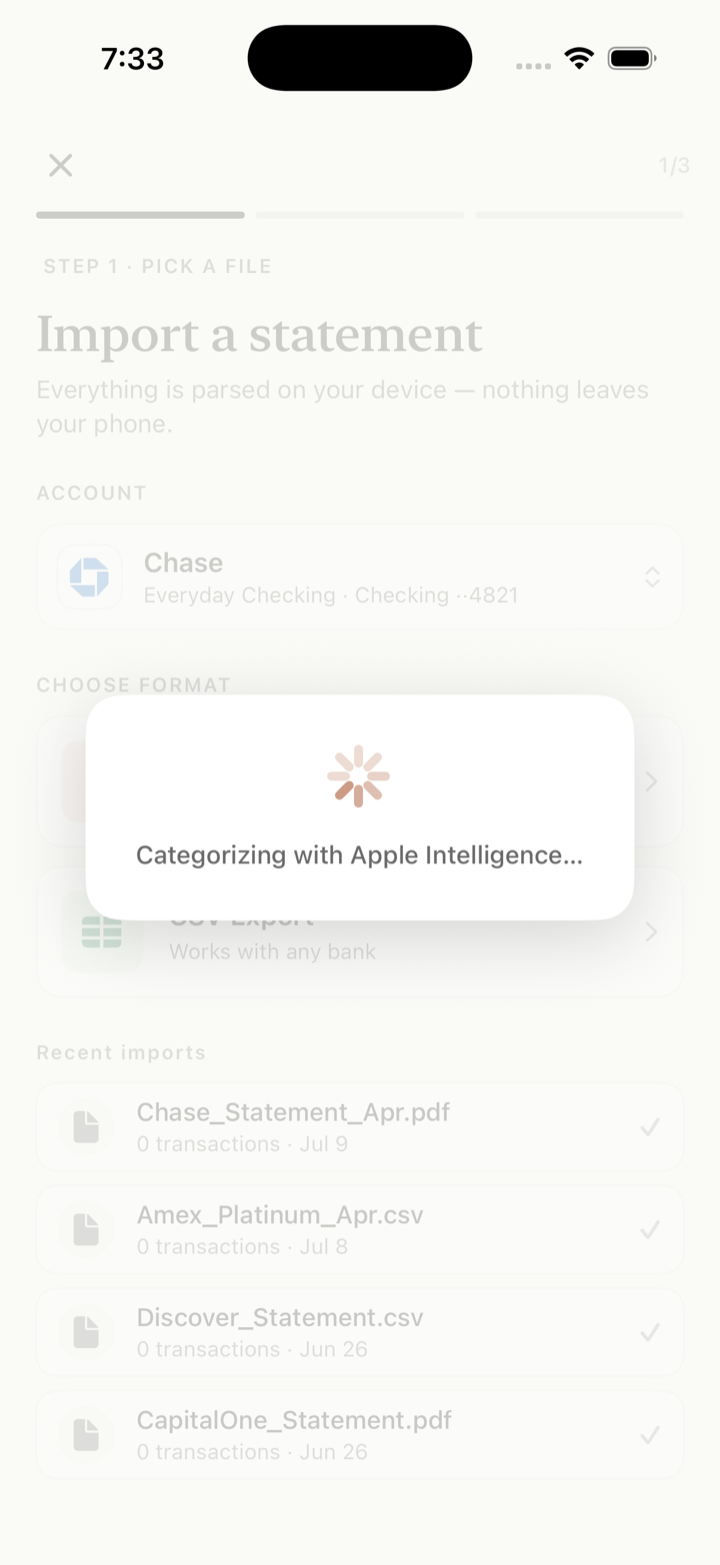 Import screen: transactions being categorized with Apple Intelligence