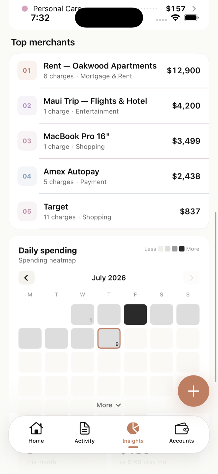 Top merchants and daily spending heatmap
