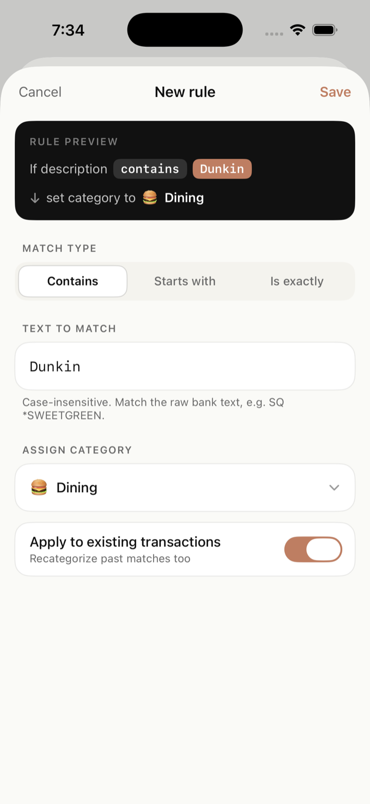Rules: auto-categorize matching transactions